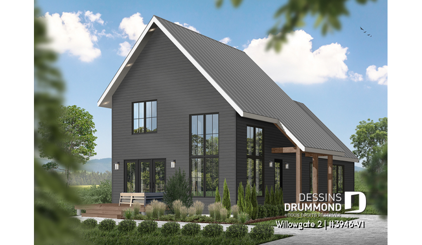 Vue avant - MODÈLE DE BASE du plan de maison unifamiliale 3946-V1 Vue avant - MODÈLE DE BASE - Modèle de maison genre chalet, 3 chambres, mezzanine, belle lumière, cuisine avec îlot & garde-manger - Willowgate 2