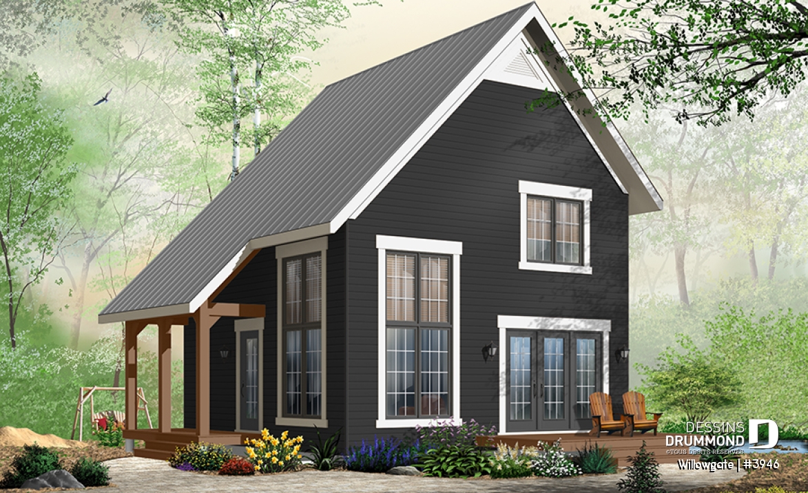 Vue avant - MODÈLE DE BASE - Plan de petit chalet moderne abordable, 2 chambres, cathédrale avec mezzanine, 1.5 salles bain, belle lumière - Willowgate