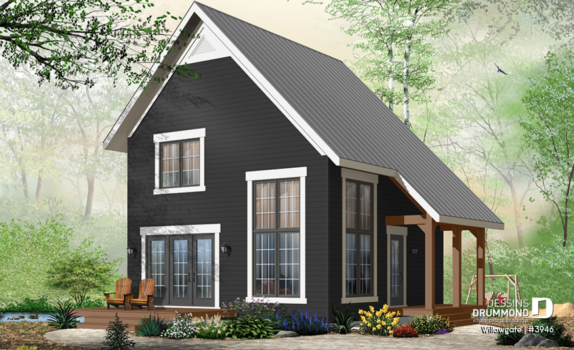 Vue avant - MODÈLE DE BASE - Plan de petit chalet moderne abordable, 2 chambres, cathédrale avec mezzanine, 1.5 salles bain, belle lumière - Willowgate