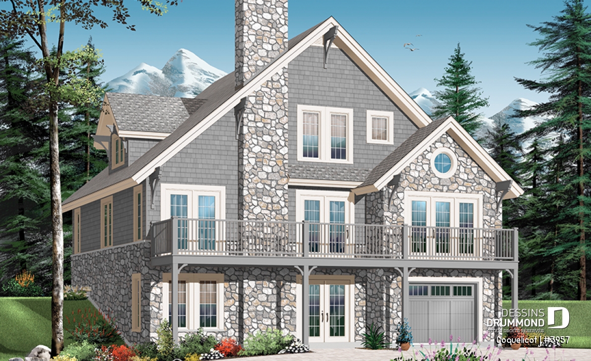 Vue arrière - MODÈLE DE BASE - Modèle de maison avec ascenseur et fondation en rez-de-jardin, vue panoramique, garage double, 3 à 4 chambres - Coquelicot