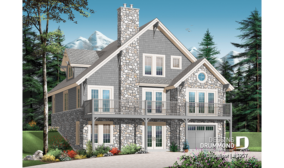 Vue arrière - MODÈLE DE BASE - Modèle de maison avec ascenseur et fondation en rez-de-jardin, vue panoramique, garage double, 3 à 4 chambres - Coquelicot