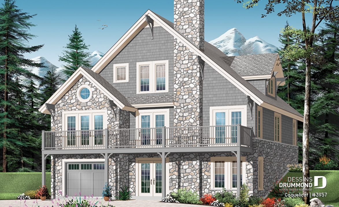 Vue arrière - MODÈLE DE BASE - Modèle de maison avec ascenseur et fondation en rez-de-jardin, vue panoramique, garage double, 3 à 4 chambres - Coquelicot