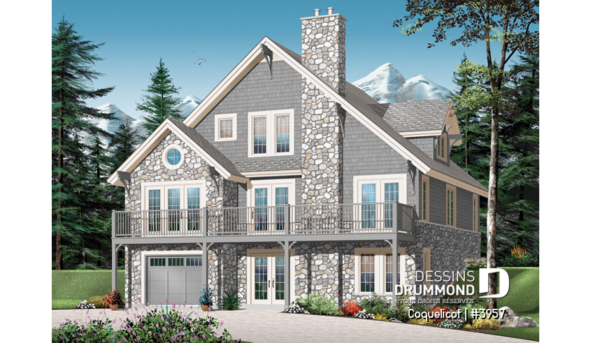 Vue arrière - MODÈLE DE BASE du plan de maison unifamiliale 3957 Vue arrière - MODÈLE DE BASE - Modèle de maison avec ascenseur et fondation en rez-de-jardin, vue panoramique, garage double, 3 à 4 chambres - Coquelicot