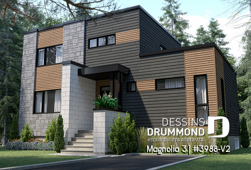 Version couleur no. 1 - Vue avant - Plan de maison moderne cubique 4 chambres, plafond à 9' au rez-de-chaussée, aire ouverte, vestiaire - Magnolia 3