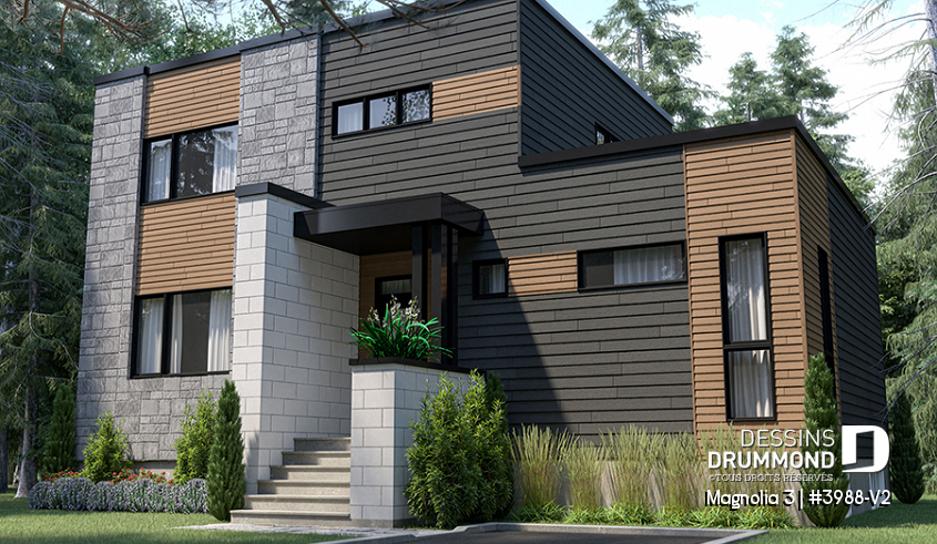 Version couleur no. 1 - Vue avant - Plan de maison moderne cubique 4 chambres, plafond à 9' au rez-de-chaussée, aire ouverte, vestiaire - Magnolia 3