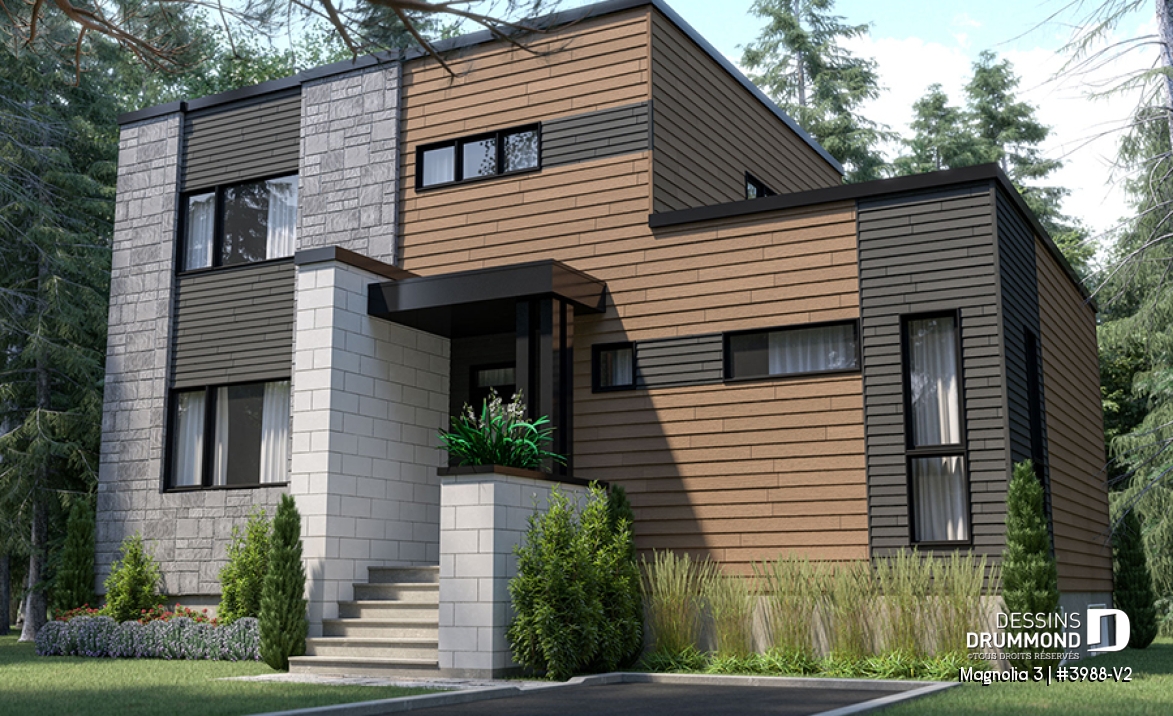 Vue avant - MODÈLE DE BASE - Plan de maison moderne cubique 4 chambres, plafond à 9' au rez-de-chaussée, aire ouverte, vestiaire - Magnolia 3