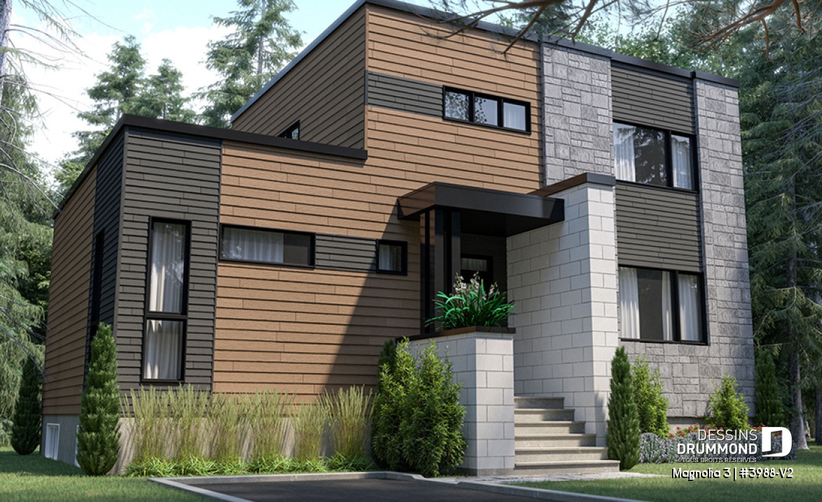 Vue avant - MODÈLE DE BASE - Plan de maison moderne cubique 4 chambres, plafond à 9' au rez-de-chaussée, aire ouverte, vestiaire - Magnolia 3