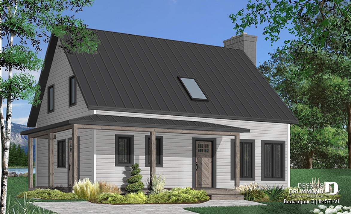 Vue avant - MODÈLE DE BASE - Maison de campagne, 3 chambres, grand îlot, garde-manger, foyer, cuisine extérieure sur terrasse abritée - Beauséjour 3