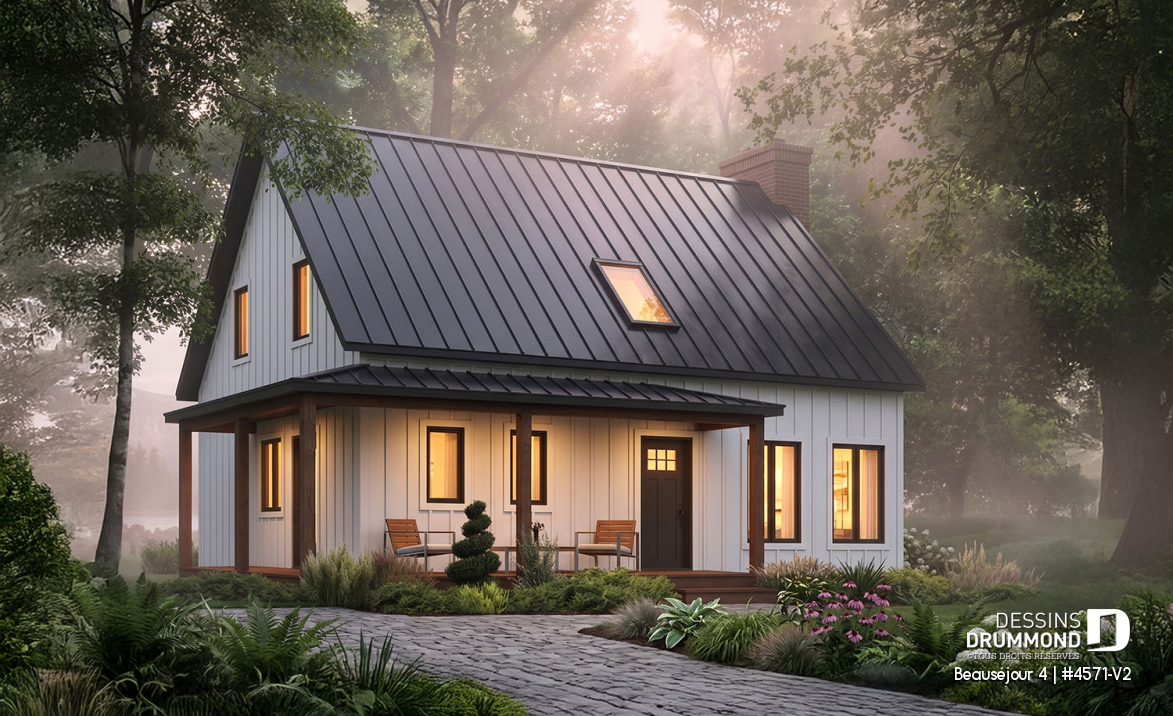 Vue avant - MODÈLE DE BASE - Plan de maison de campagne, 3 à 4 chambres, grande terrasse, sous-sol aménagé optionnel  - Beauséjour 4