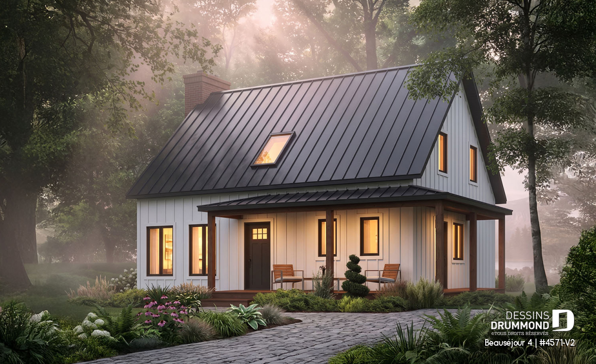 Vue avant - MODÈLE DE BASE - Plan de maison de campagne, 3 à 4 chambres, grande terrasse, sous-sol aménagé optionnel  - Beauséjour 4