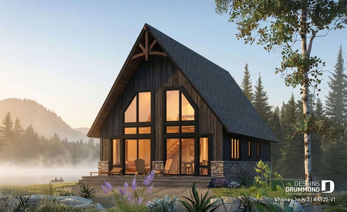 Vue arrière - MODÈLE DE BASE - Plan de petit chalet rustique lumineux avec mezzanine, foyer, 3 chambres et design chaleureux pour famille - Whiskey Jack 3