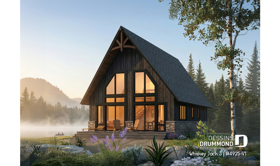 Vue arrière - MODÈLE DE BASE - Plan de petit chalet rustique lumineux avec mezzanine, foyer, 3 chambres et design chaleureux pour famille - Whiskey Jack 3