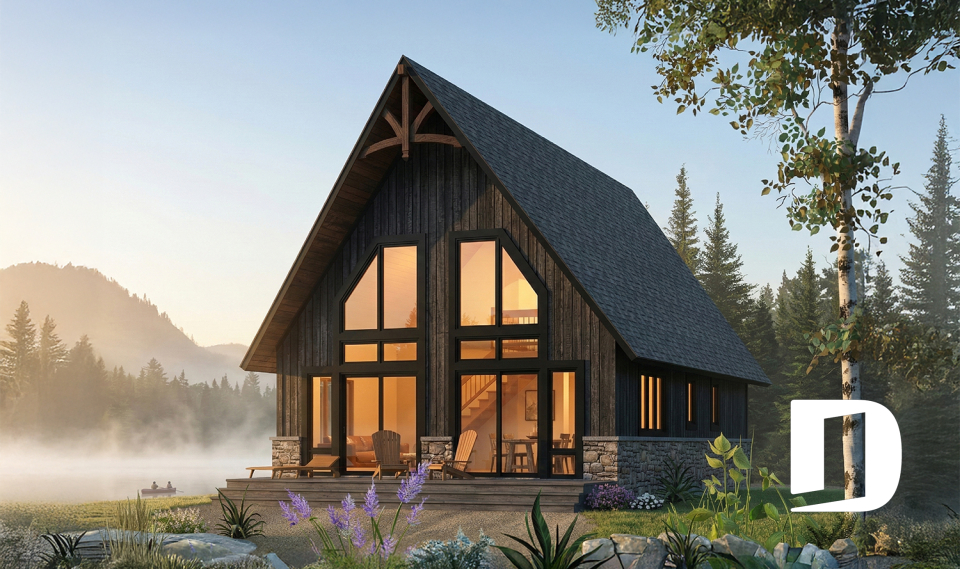 Vue arrière - MODÈLE DE BASE - Plan de petit chalet rustique lumineux avec mezzanine, foyer, 3 chambres et design chaleureux pour famille - Whiskey Jack 3
