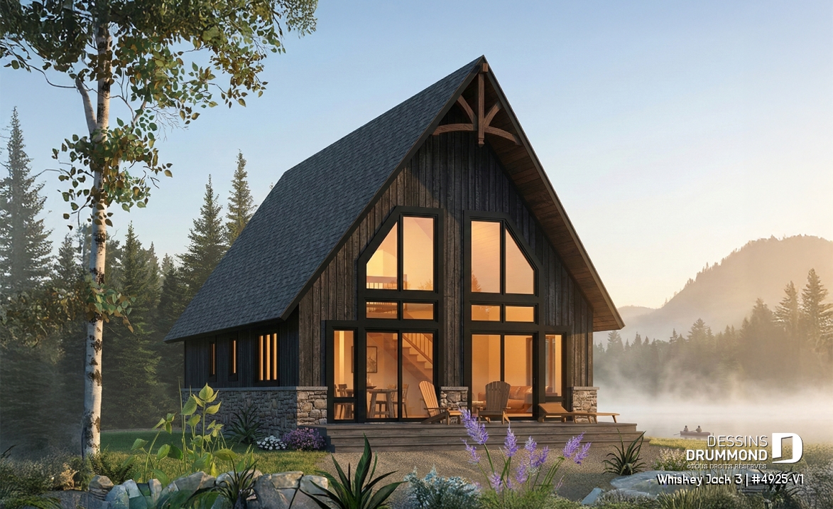 Vue arrière - MODÈLE DE BASE - Plan de petit chalet rustique lumineux avec mezzanine, foyer, 3 chambres et design chaleureux pour famille - Whiskey Jack 3