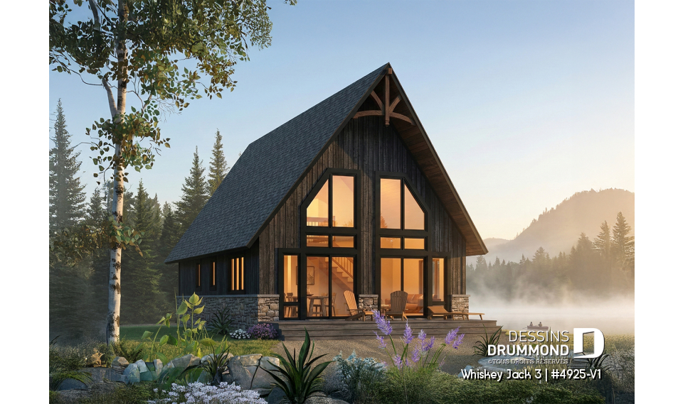 Vue arrière - MODÈLE DE BASE - Plan de petit chalet rustique lumineux avec mezzanine, foyer, 3 chambres et design chaleureux pour famille - Whiskey Jack 3