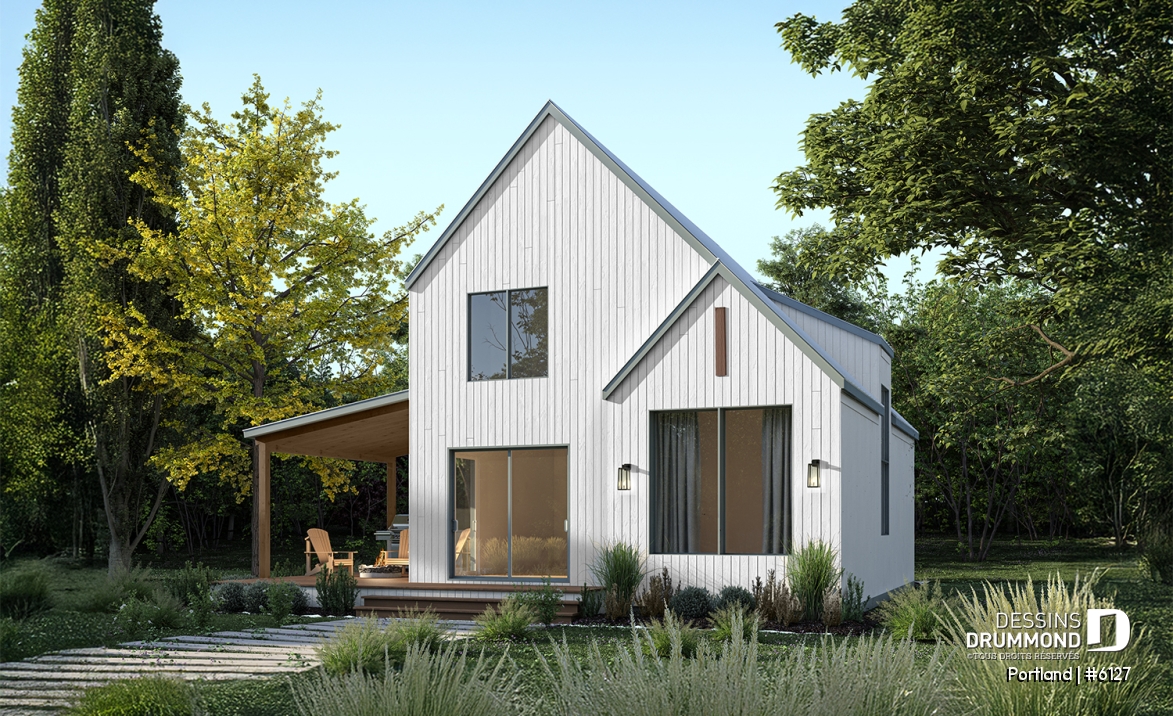 Vue arrière - MODÈLE DE BASE - Modèle de maison Scandinave proposant revêtement Maibec de cèdre rouge - Portland