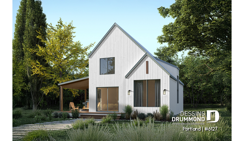 Vue arrière - MODÈLE DE BASE du plan de maison unifamiliale 6127 Vue arrière - MODÈLE DE BASE - Modèle de maison Scandinave proposant revêtement Maibec de cèdre rouge - Portland