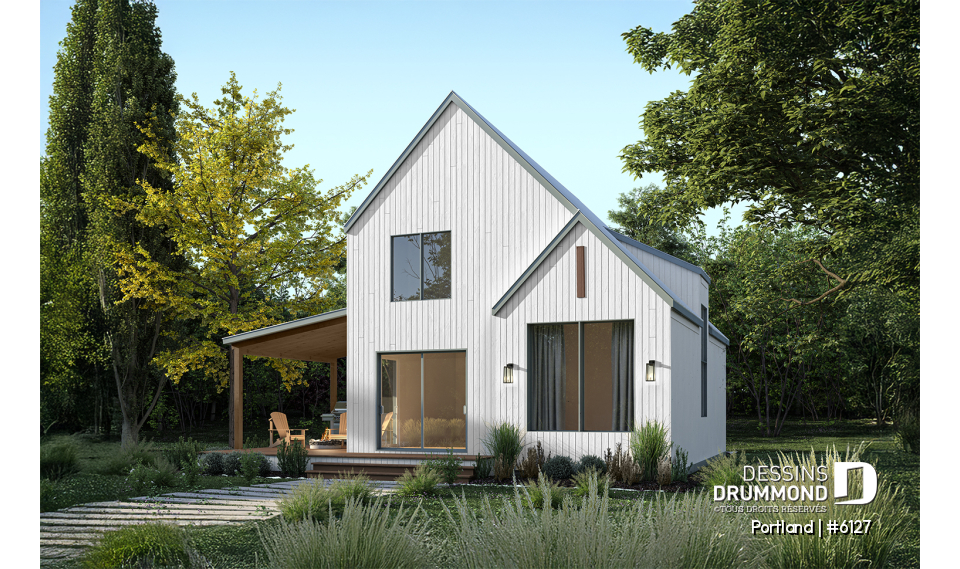 Vue arrière - MODÈLE DE BASE - Modèle de maison Scandinave proposant revêtement Maibec de cèdre rouge - Portland