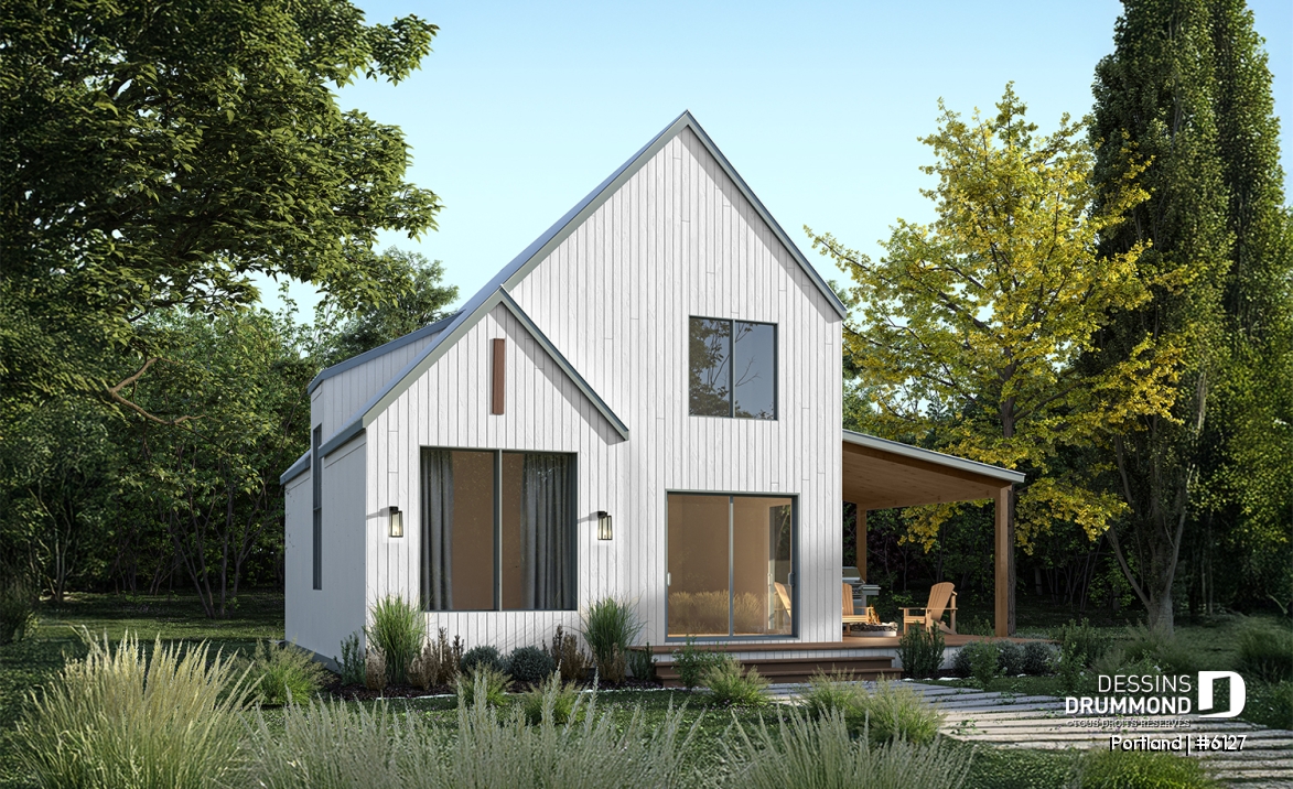 Vue arrière - MODÈLE DE BASE - Modèle de maison Scandinave proposant revêtement Maibec de cèdre rouge - Portland