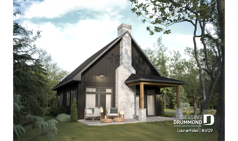 Vue arrière - MODÈLE DE BASE - Plan de chalet rustique chaleureux et lumineux avec mezzanine, plafond cathédral et aire ouverte invitante - Laurentides