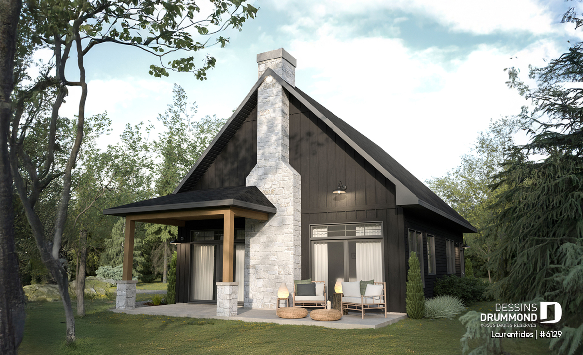 Vue arrière - MODÈLE DE BASE - Plan de chalet rustique chaleureux et lumineux avec mezzanine, plafond cathédral et aire ouverte invitante - Laurentides