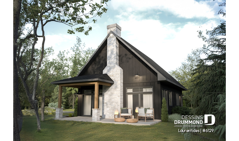 Vue arrière - MODÈLE DE BASE - Plan de chalet rustique chaleureux et lumineux avec mezzanine, plafond cathédral et aire ouverte invitante - Laurentides