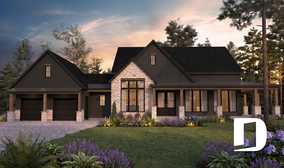 Vue avant - MODÈLE DE BASE - Plan de maison farmhouse moderne de plain-pied avec 3 chambres, bureau, pièce boni, cuisine extérieure, garage - Daven Port