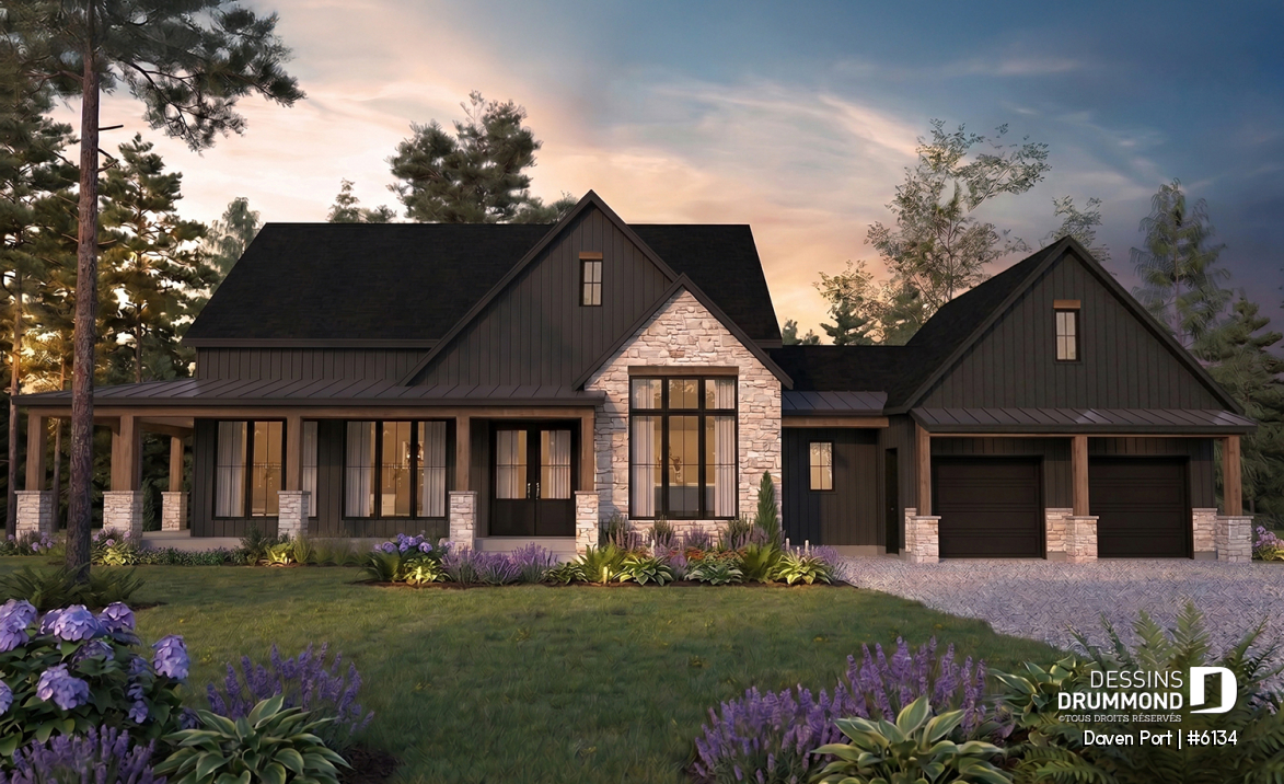 Vue avant - MODÈLE DE BASE - Plan de maison farmhouse moderne de plain-pied avec 3 chambres, bureau, pièce boni, cuisine extérieure, garage - Daven Port