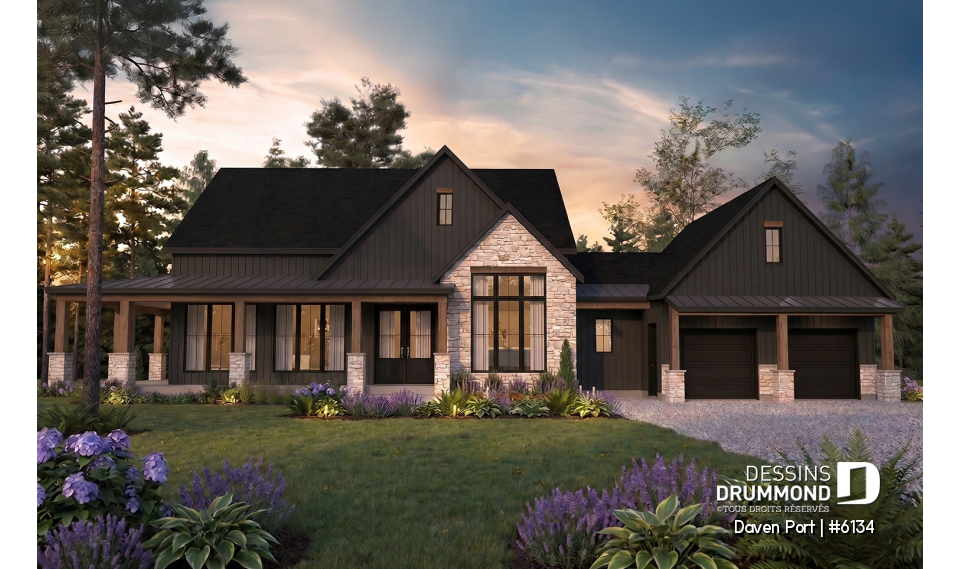Vue avant - MODÈLE DE BASE - Plan de maison farmhouse moderne de plain-pied avec 3 chambres, bureau, pièce boni, cuisine extérieure, garage - Daven Port