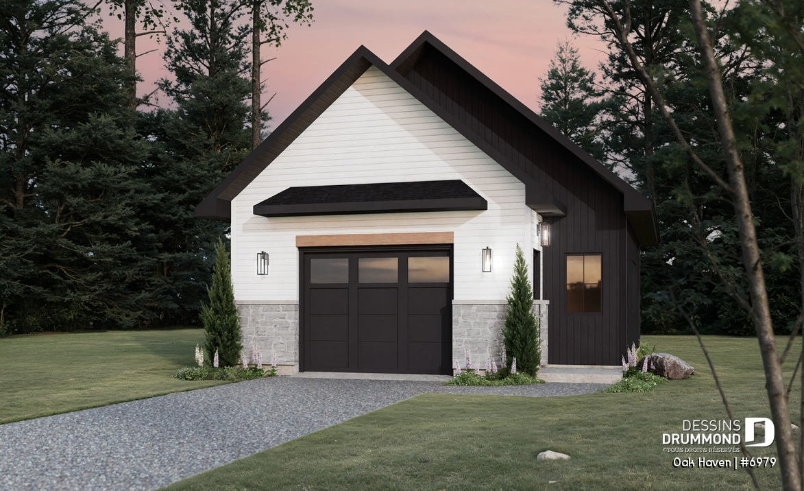 Vue avant - MODÈLE DE BASE - Modèle de garage deux voitures de style Farmhouse, avec toilette au rdc et rangement à l'étage. - Oak Haven