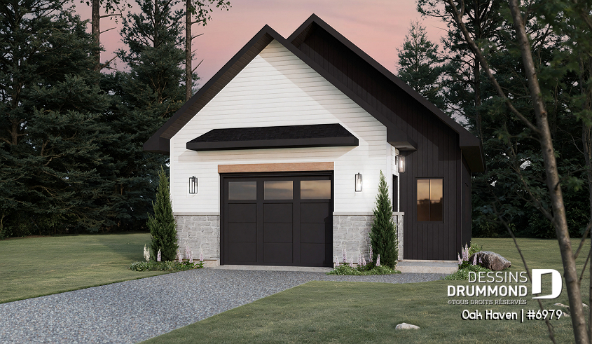 Vue avant - MODÈLE DE BASE - Modèle de garage deux voitures de style Farmhouse, avec toilette au rdc et rangement à l'étage. - Oak Haven