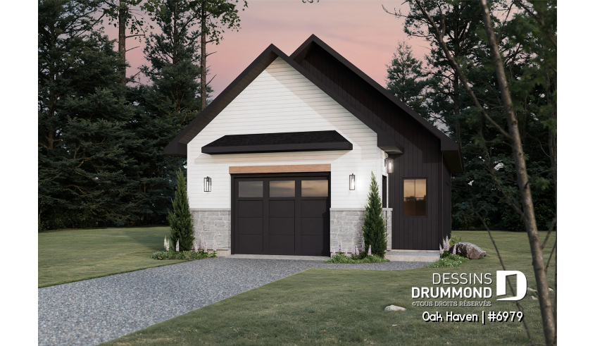 Vue avant - MODÈLE DE BASE - Modèle de garage deux voitures de style Farmhouse, avec toilette au rdc et rangement à l'étage. - Oak Haven