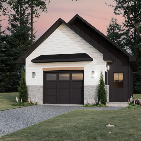 Vue avant - MODÈLE DE BASE - Modèle de garage deux voitures de style Farmhouse, avec toilette au rdc et rangement à l'étage. - Oak Haven
