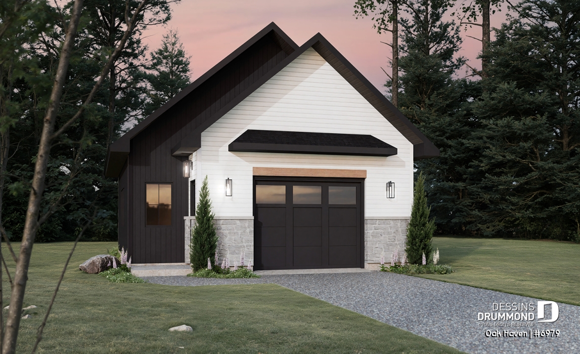 Vue avant - MODÈLE DE BASE - Modèle de garage deux voitures de style Farmhouse, avec toilette au rdc et rangement à l'étage. - Oak Haven