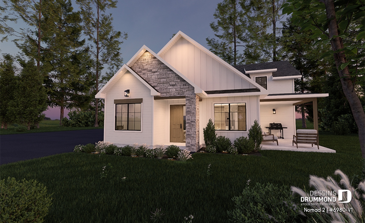 Vue avant - MODÈLE DE BASE - Maison de style farmhouse avec garage VR attaché, et une option proposant un logement 2 chambres à étage - Nomad 2
