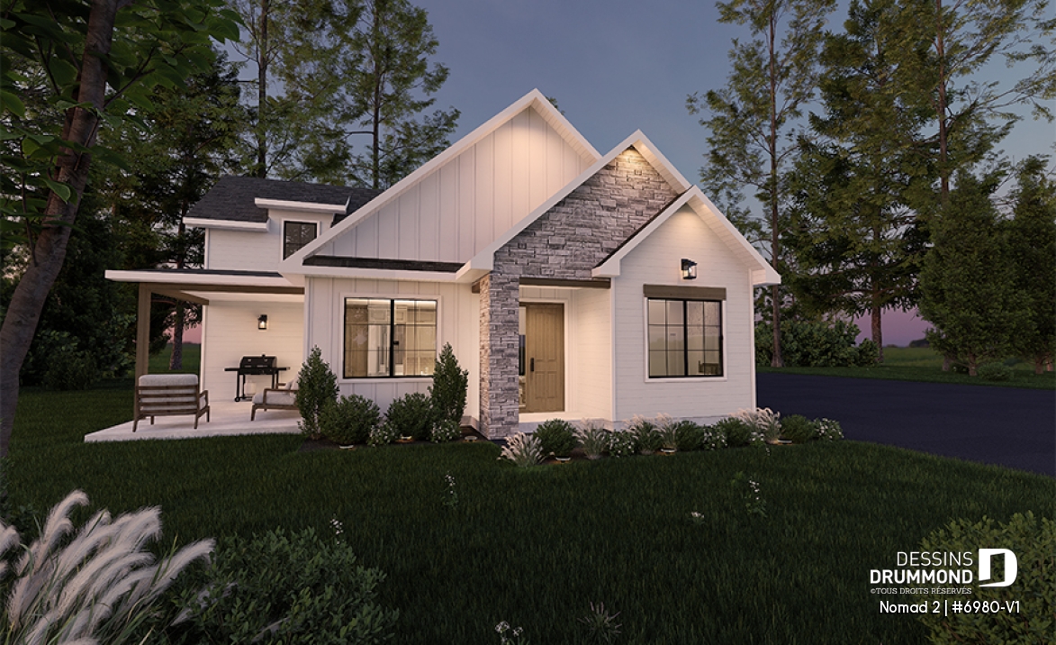 Vue avant - MODÈLE DE BASE - Maison de style farmhouse avec garage VR attaché, et une option proposant un logement 2 chambres à étage - Nomad 2