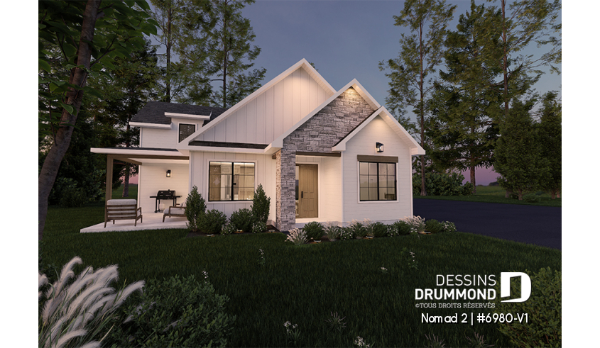 Vue avant - MODÈLE DE BASE - Maison de style farmhouse avec garage VR attaché, et une option proposant un logement 2 chambres à étage - Nomad 2