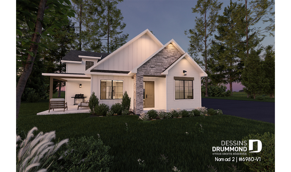 Vue avant - MODÈLE DE BASE - Maison de style farmhouse avec garage VR attaché, et une option proposant un logement 2 chambres à étage - Nomad 2