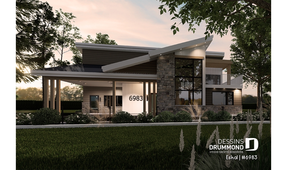 Vue avant - MODÈLE DE BASE - Plan de maison moderne une chambre avec garage attaché pour VR et option garage simple et quatre chambre - Eskal