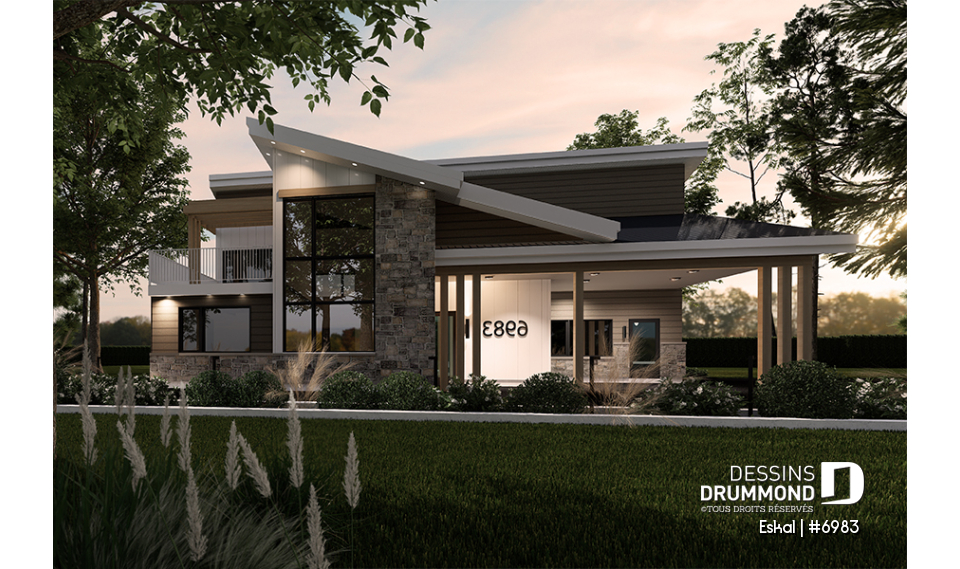 Vue avant - MODÈLE DE BASE - Plan de maison moderne une chambre avec garage attaché pour VR et option garage simple et quatre chambre - Eskal