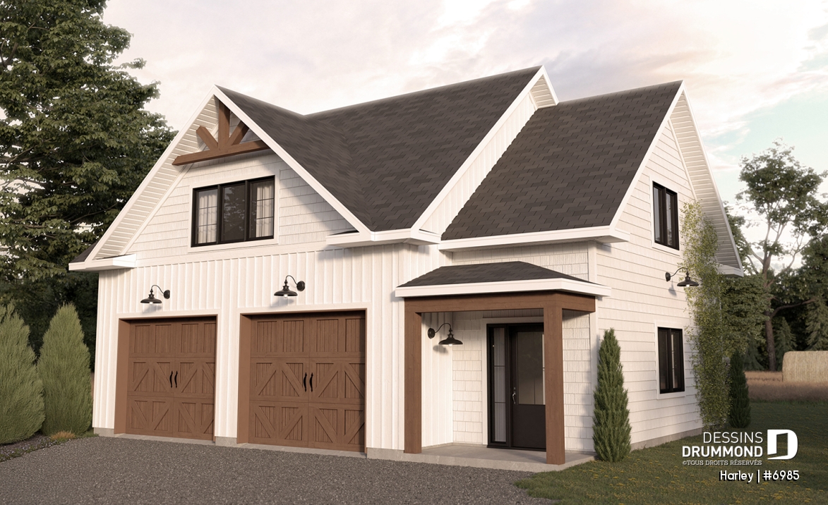 Vue avant - MODÈLE DE BASE - Plan de garage double et spacieux avec rangement prévu au rez-de-chaussée et à l'étage - Harley