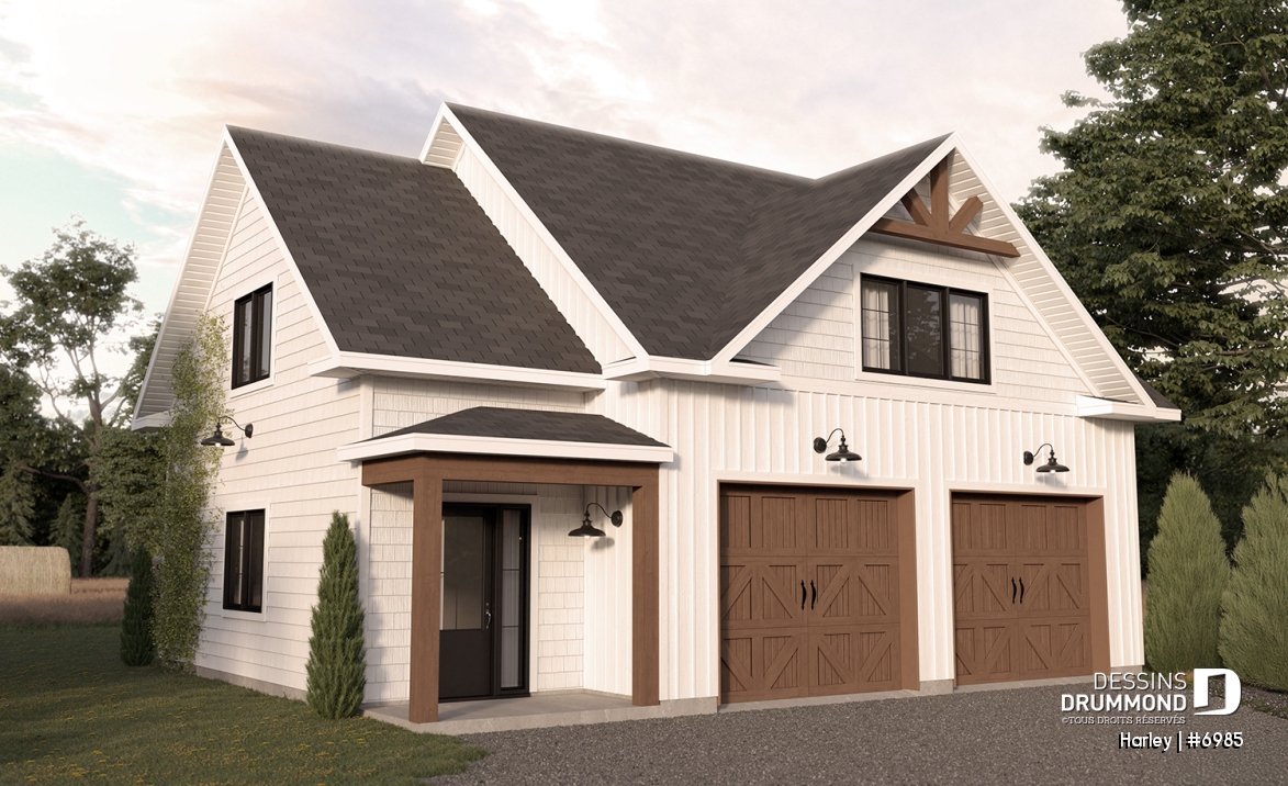 Vue avant - MODÈLE DE BASE - Plan de garage double et spacieux avec rangement prévu au rez-de-chaussée et à l'étage - Harley