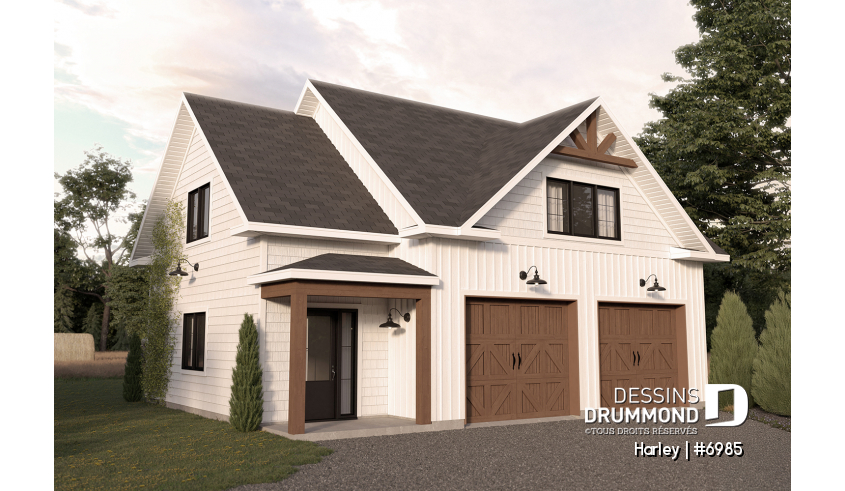 Vue avant - MODÈLE DE BASE - Plan de garage double et spacieux avec rangement prévu au rez-de-chaussée et à l'étage - Harley