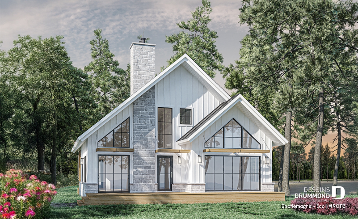 Vue arrière - MODÈLE DE BASE - Plan de chalet éco-responsable, vue panoramique, 3 à 5 chambres, cathédral, sous-sol aménagé (*optionnel $) - Charlemagne - Éco