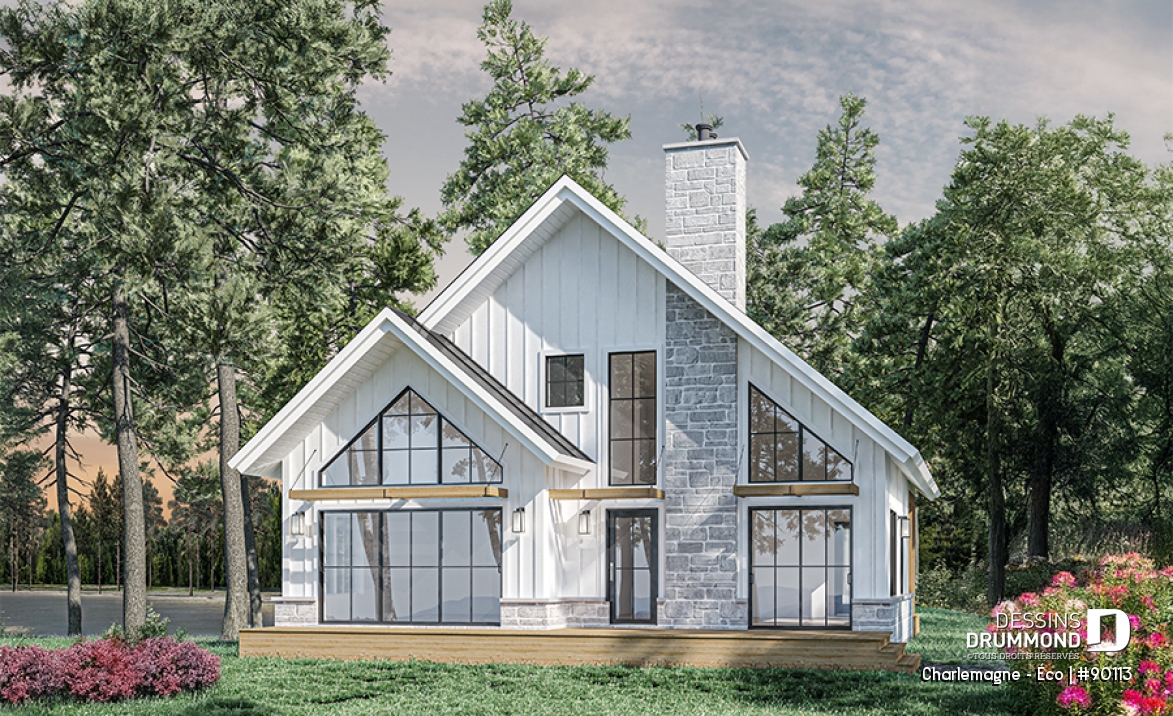 Vue arrière - MODÈLE DE BASE - Plan de chalet éco-responsable, vue panoramique, 3 à 5 chambres, cathédral, sous-sol aménagé (*optionnel $) - Charlemagne - Éco