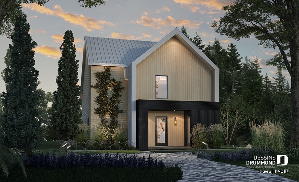 Vue avant - MODÈLE DE BASE - Plan de maison Scandinave éco-responsable, suite des maîtres sur mezzanine, vestiaire et garde-manger - Havre