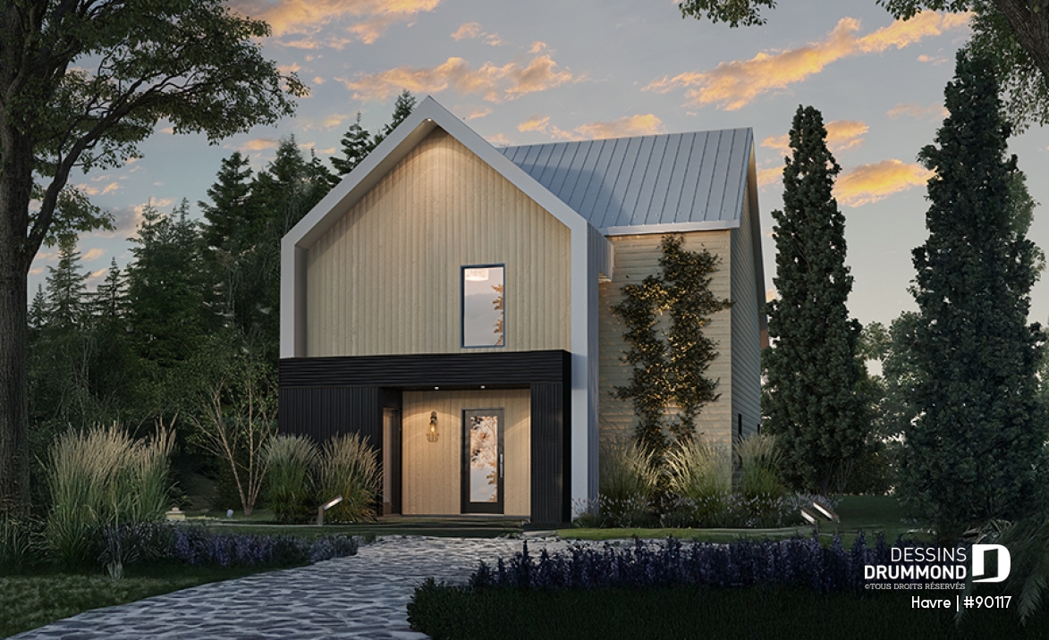 Vue avant - MODÈLE DE BASE - Plan de maison Scandinave éco-responsable, suite des maîtres sur mezzanine, vestiaire et garde-manger - Havre