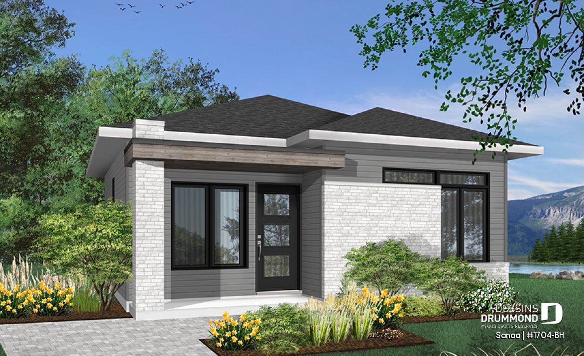 Vue avant - MODÈLE DE BASE - Plan de maison économique de style contemporaine avec 2 chambres, plancher à aire ouverte et plafond à 9 pieds - Sanaa