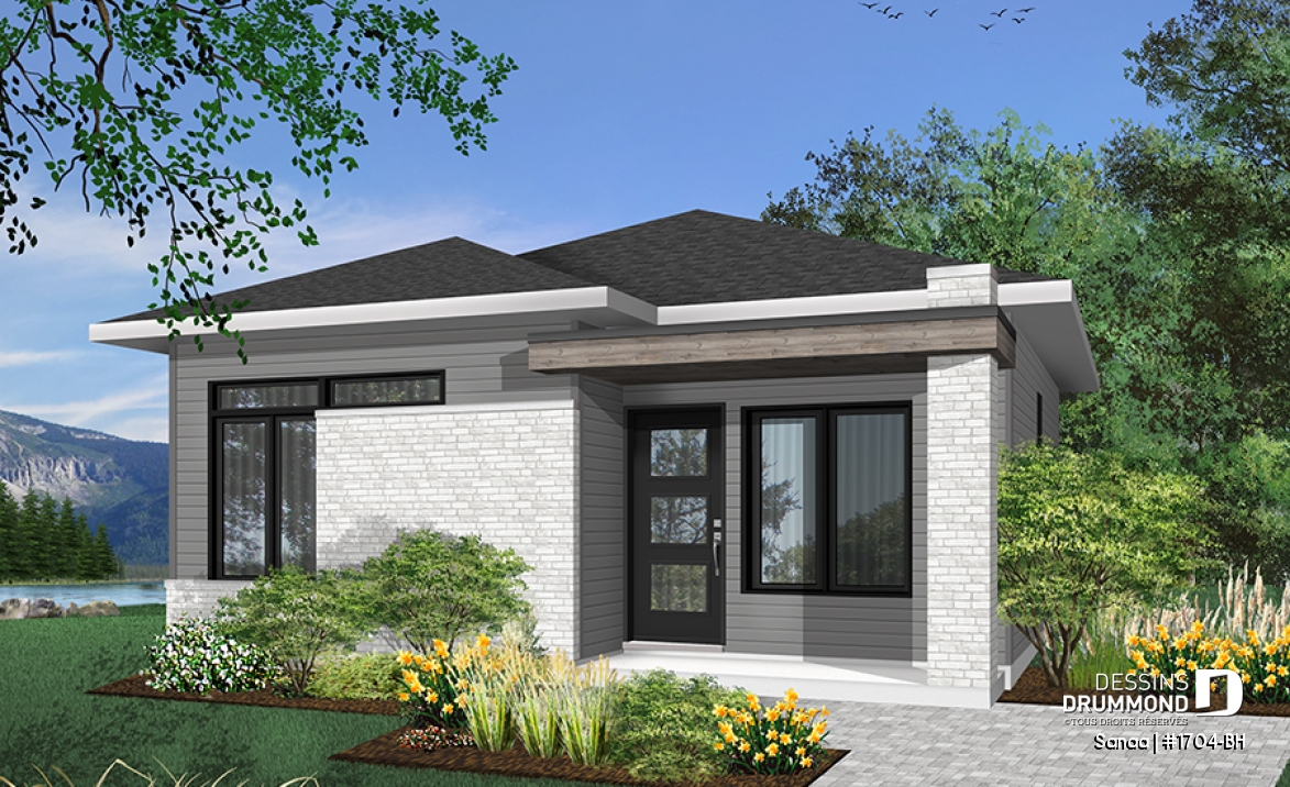 Vue avant - MODÈLE DE BASE - Plan de maison économique de style contemporaine avec 2 chambres, plancher à aire ouverte et plafond à 9 pieds - Sanaa