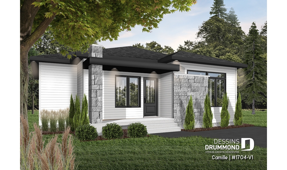 Version couleur no. 4 - Vue avant - Maison de style mid-century moderne, plafond à 9', à aire ouverte, cuisine avec garde-manger, 2 chambres - Camille